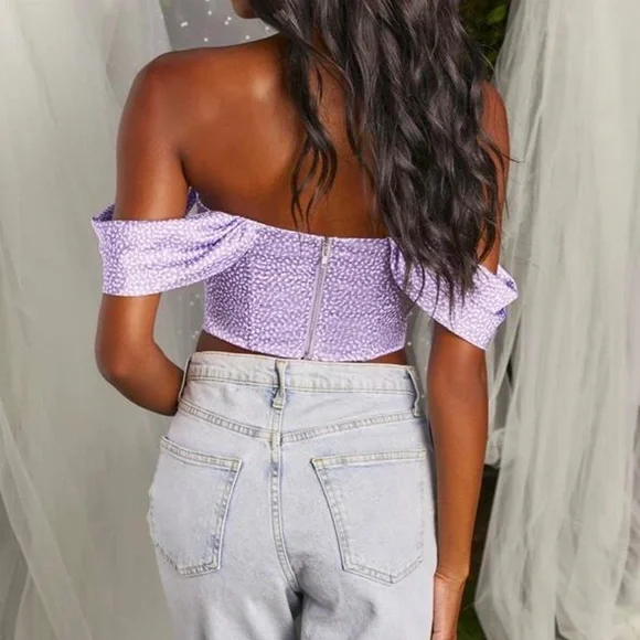 Oh Polly Purple and White Satin Bardot Corset Top Off the shoulder size 4 - Picture 2 of 9